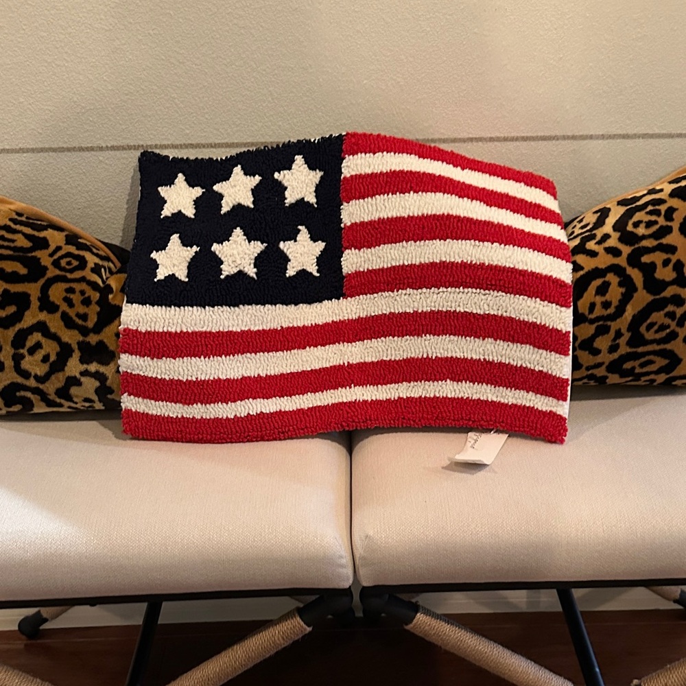 New Hooked wool American Flag waving stripes stars lumbar pillow cover
